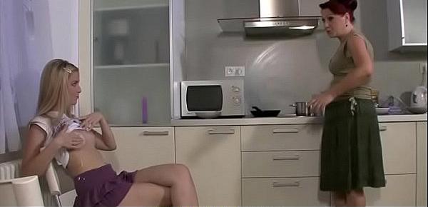  Blonde teen and mom go lesbian on kitchen